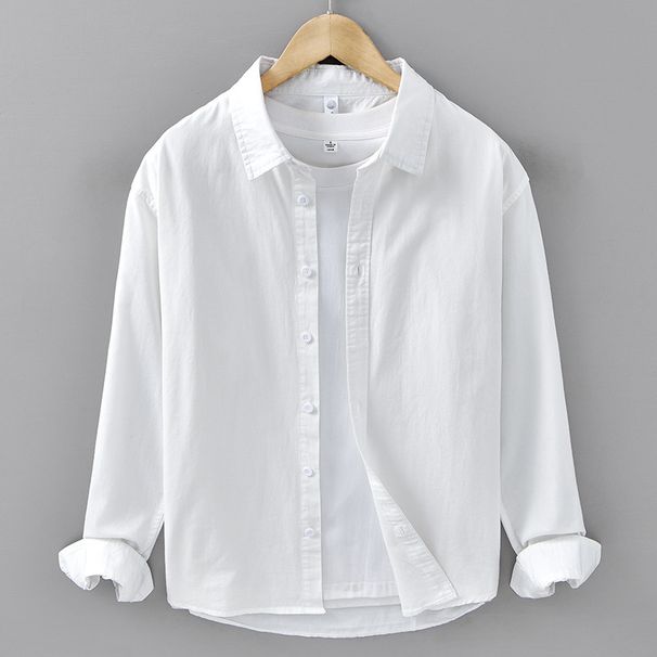 Men's Pure Cotton Long Sleeved Shirt Simple Casual Loose Base Youth Versatile White Comfortable Men's Shirt_viptrois.com