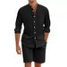 Men's Clothing Summer Shirt Set American Style Solid Color Stand Up Collar Loose Casual Breathable Linen_viptrois.com