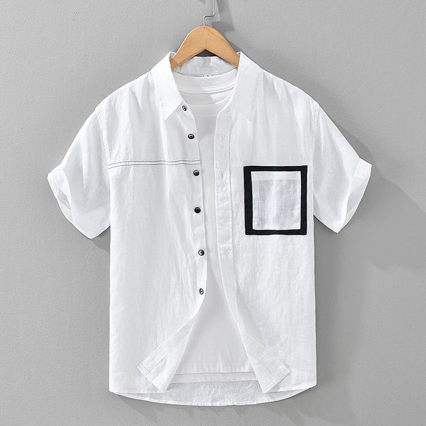 Linen Short Sleeved Shirt For Men, Contrasting Color, Breathable, Fashionable, Versatile, Artistic And Casual Top_viptrois.com