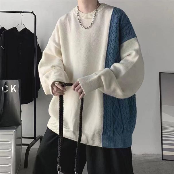 New sweaters for men and women with design sense, color blocking, autumn and winter pullover trend, loose knit sweater for couples_viptrois.com
