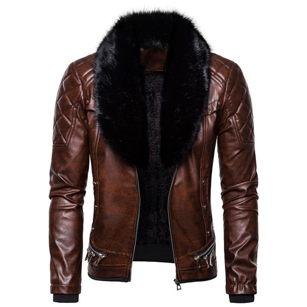 "Men's PU Leather Jacket With Faux Fur Collar – Slim Fit Zip-Up Biker Style Coat For Casual & Streetwear"_viptrois.com