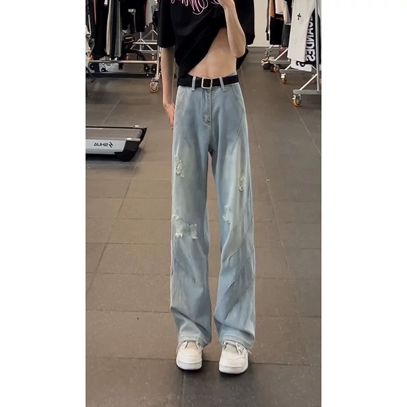 Men's Clothing Men's Retro Blue Shark Gill Ripped Jeans High Street Style Summer Wide Leg Straight Trousers_viptrois.com