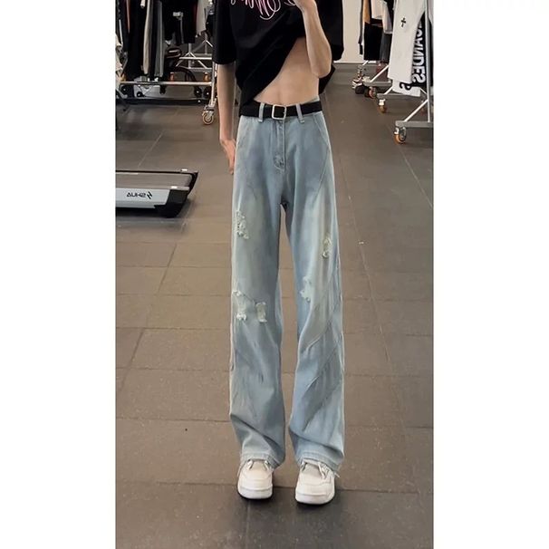 Men's Clothing Men's Retro Blue Shark Gill Ripped Jeans High Street Style Summer Wide Leg Straight Trousers_viptrois.com