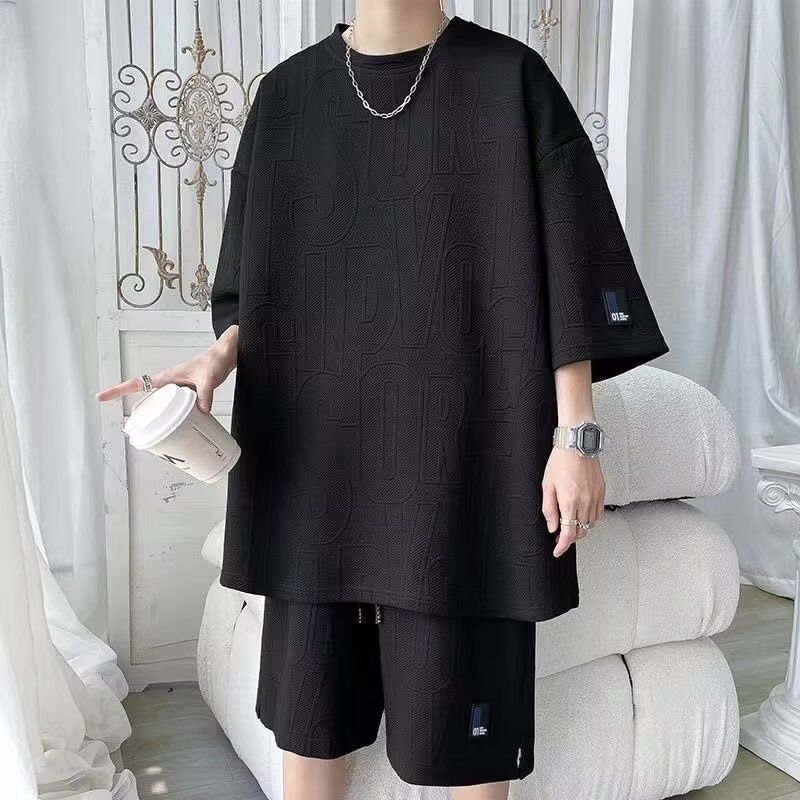 Waffle Short Sleeve T-Shirt Men's Casual Sports Summer Loose Oversized Top And Shorts Two-Piece Set_viptrois.com