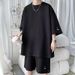 Waffle Short Sleeve T-Shirt Men's Casual Sports Summer Loose Oversized Top And Shorts Two-Piece Set_viptrois.com