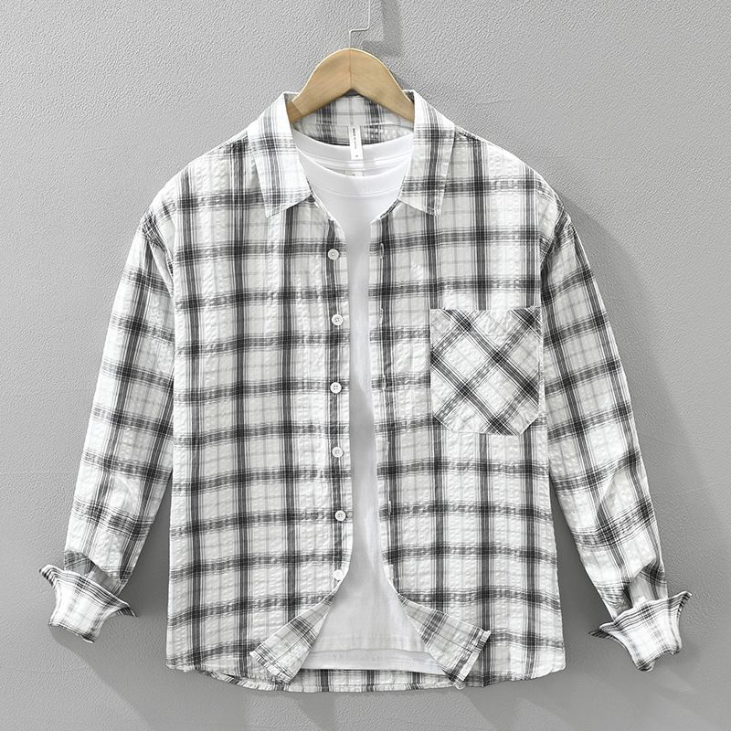Checkered Fresh Long Sleeved Shirt For Men, Fashionable And Versatile, Artistic And Casual Loose Top_viptrois.com