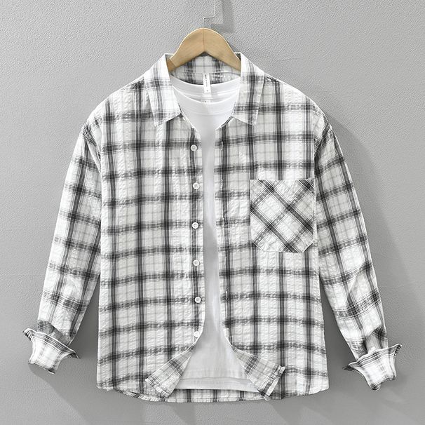 Checkered Fresh Long Sleeved Shirt For Men, Fashionable And Versatile, Artistic And Casual Loose Top_viptrois.com