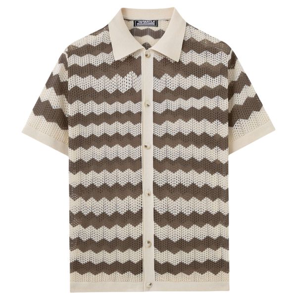 Cross-Border Clothing European And American Men's Striped Hollow Knitwear Fashion Casual Short Sleeve Cardigan Polo_viptrois.com