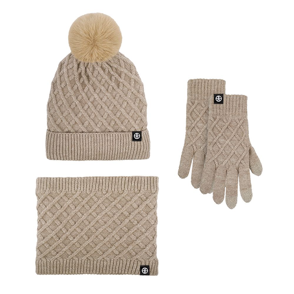 Women's Scarves Hat scarf gloves three piece set winter plus velvet outdoor warm wool ball knitted hat three piece set_viptrois.com
