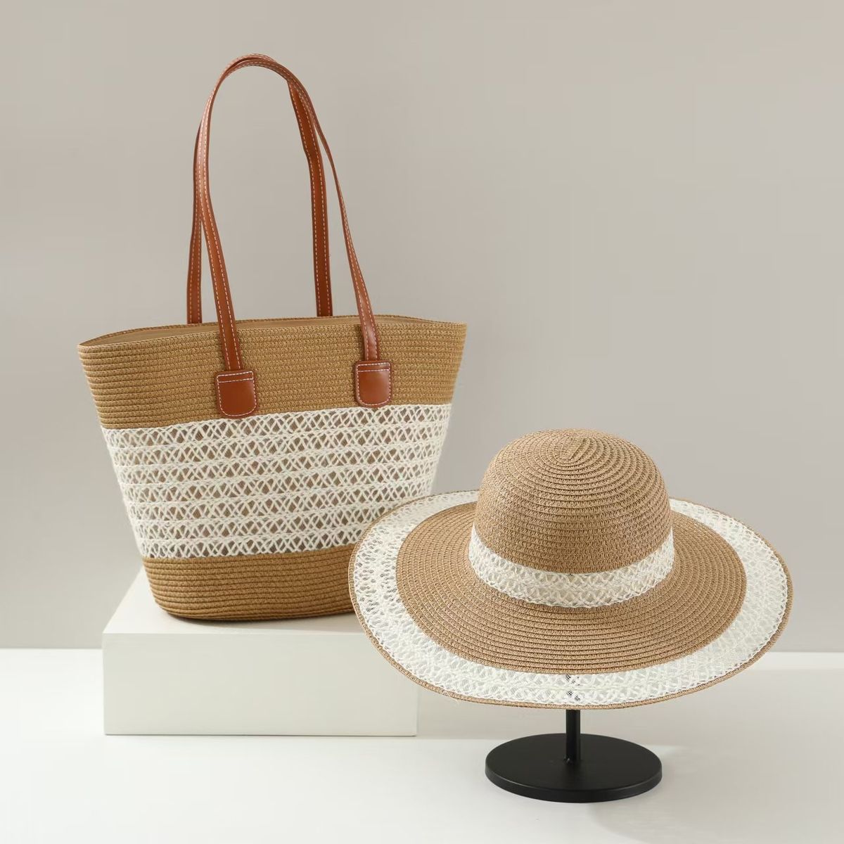 Women's Bags Straw Hat And Straw Bag Two Piece Set Sun Hat With Large Brim And Large Capacity Tote Bag Hot Sale Straw Bag Set Trend_viptrois.com
