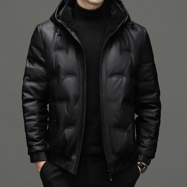 Men's Clothing Hooded Coat jacket men winter new style trendy fashion shiny coat warm short jacket leather coat_viptrois.com