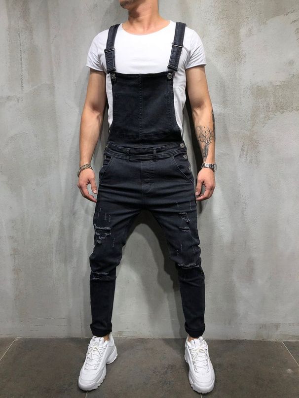 Men's Solid Color Casual Jeans With Suspenders_viptrois.com