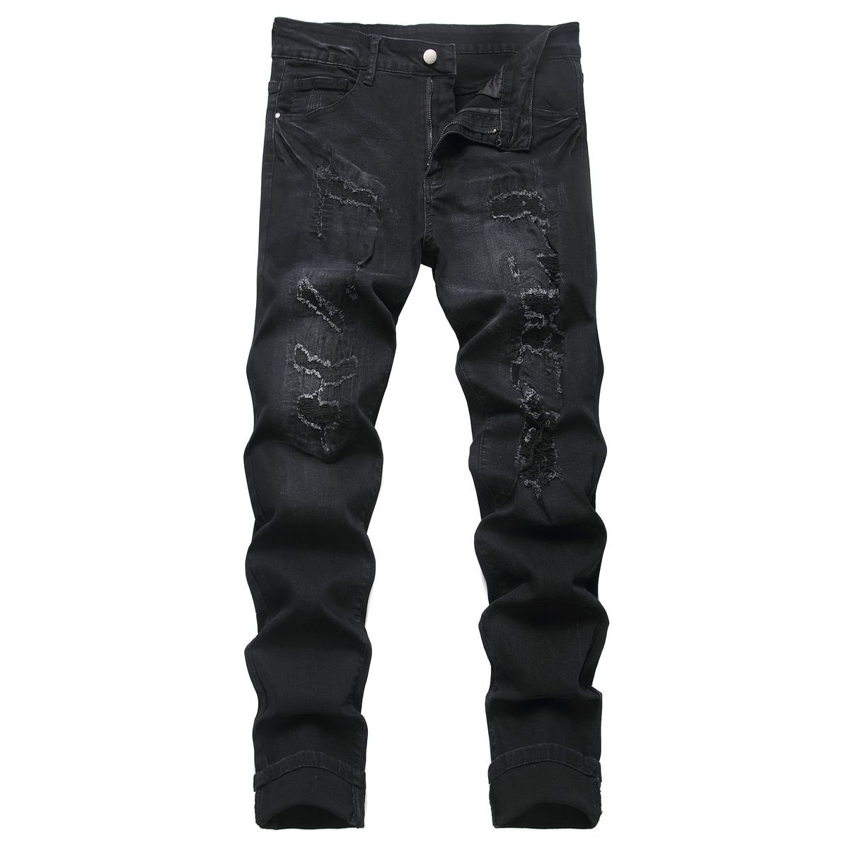Men's Clothing Embroidered Denim Black Slim Fit Embroidered Ripped Jeans - Distressed Black Denim Pants With Artistic Stitching & Stretch Comfort_viptrois.com