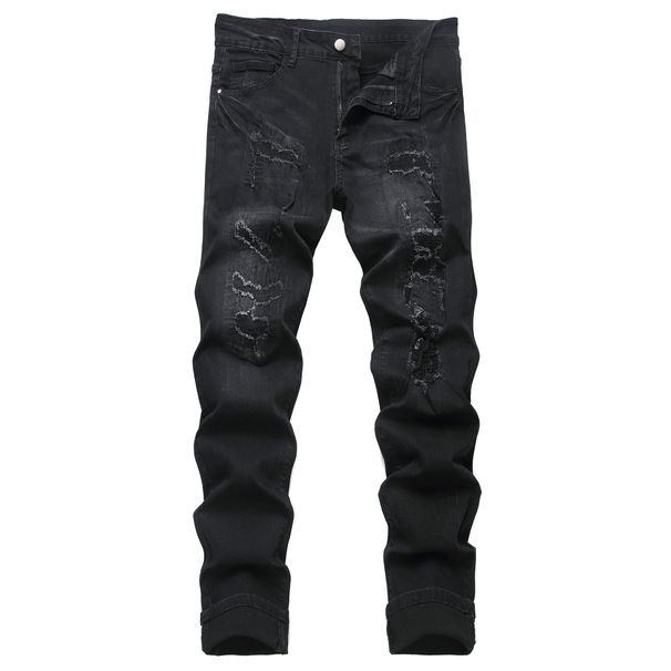 Men's Clothing Embroidered Denim Black Slim Fit Embroidered Ripped Jeans - Distressed Black Denim Pants With Artistic Stitching & Stretch Comfort_viptrois.com