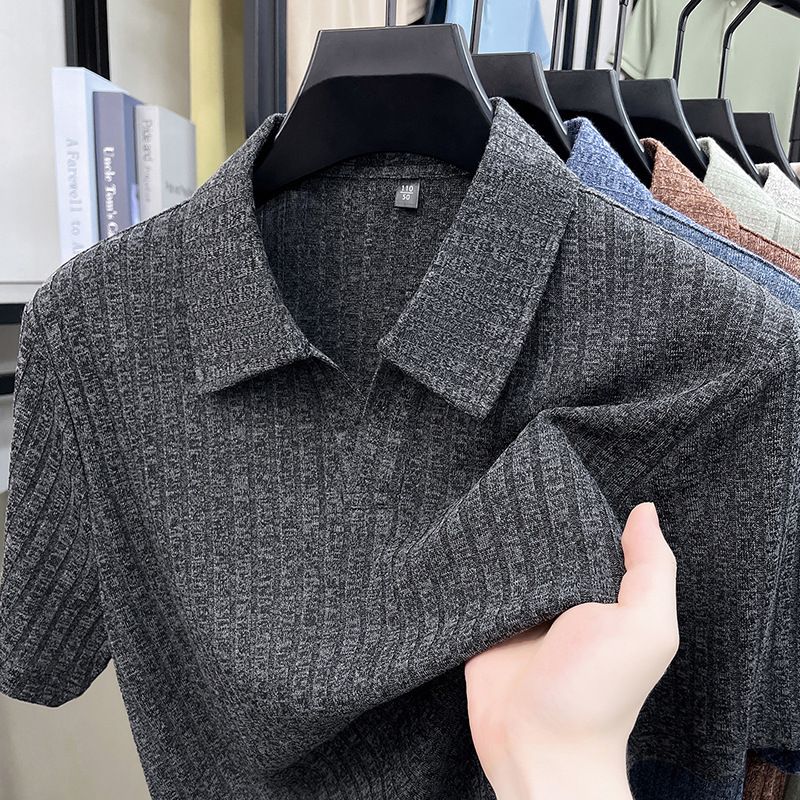 Men's Short Sleeve Knit Polo Shirt, Textured Stripe & Seagull Collar Design, Breathable Summer Casual Top_viptrois.com