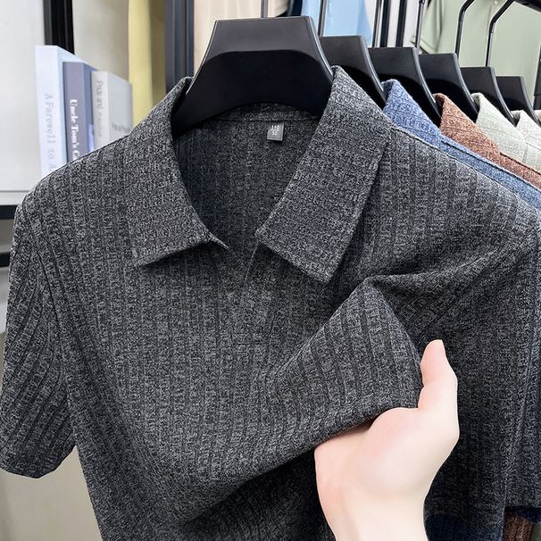 Men's Short Sleeve Knit Polo Shirt, Textured Stripe & Seagull Collar Design, Breathable Summer Casual Top_viptrois.com