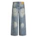 American Style Washed Vintage Denim Straight-Leg Pants Men's Trendy Frayed Loose Casual Trousers_viptrois.com