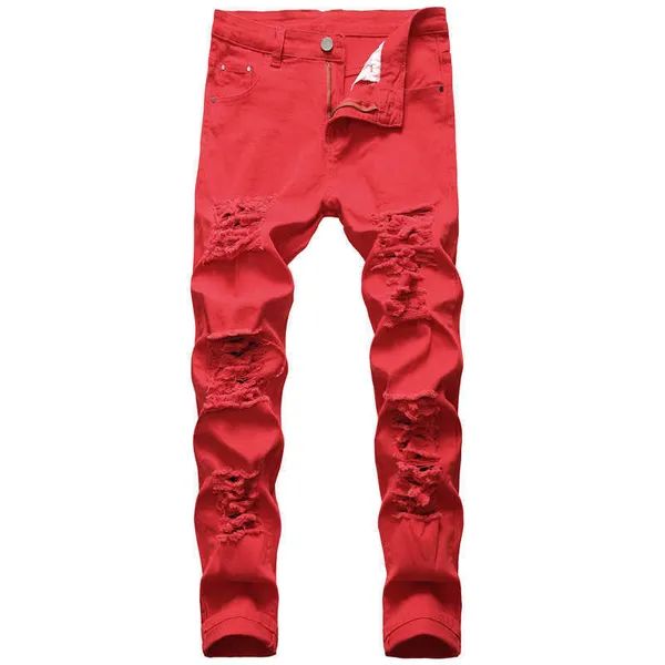 Men's Men Slim Mens Trousers Zipper Red Hole Pencil Pants Denim Jeans For Man Straight Full Length T221102_viptrois.com