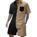 Men's Summer Casual Outfit Short Sleeve Lapel Shirt And Shorts Set Solid Color with Color Block Pocket_viptrois.com
