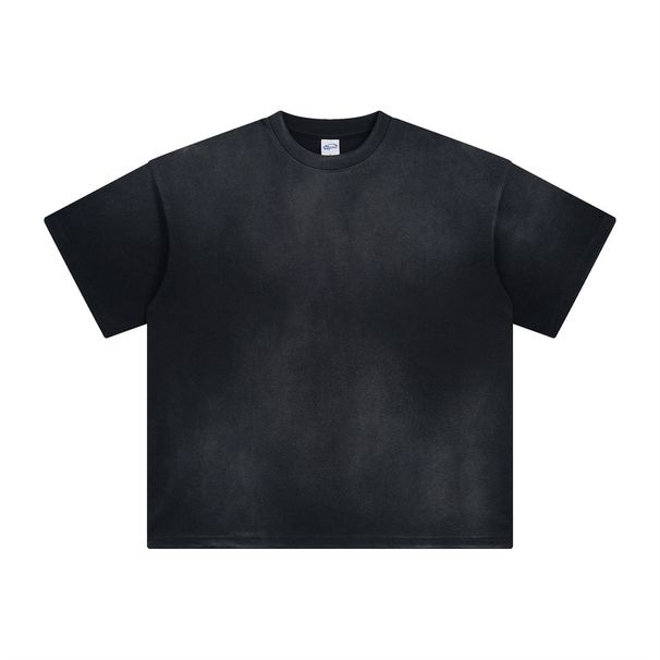 Men's Clothing Retro Distressed Washed Printed Short Sleeved Trendy Loose Small Neckline Spray Dyed T Shirt_viptrois.com