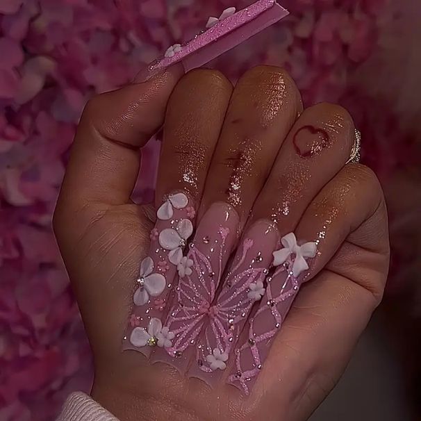 European And American Gorgeous Sweet Cool Flower Butterfly Glitter Broken Diamond Long European Square Shape False Nail Finished Product_viptrois.com