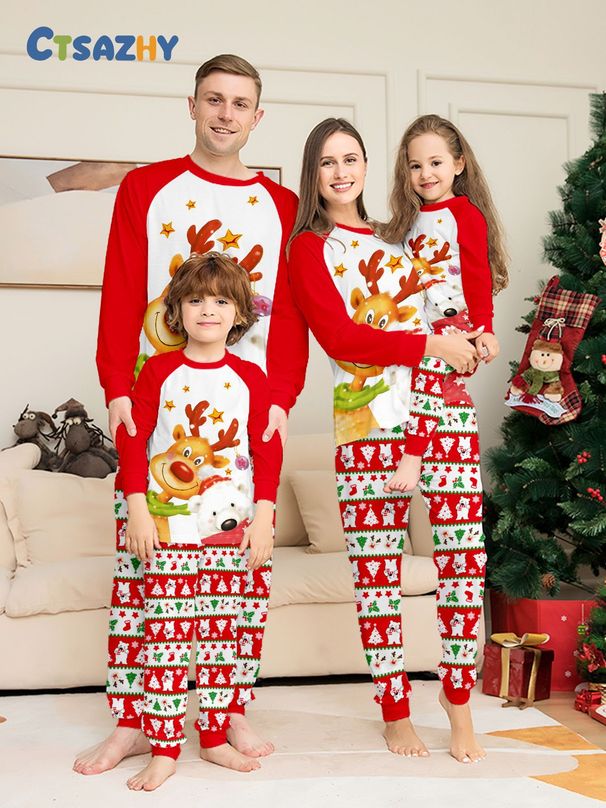 Christmas deer snow Bear Christmas family dress printed home dress pajamas_viptrois.com