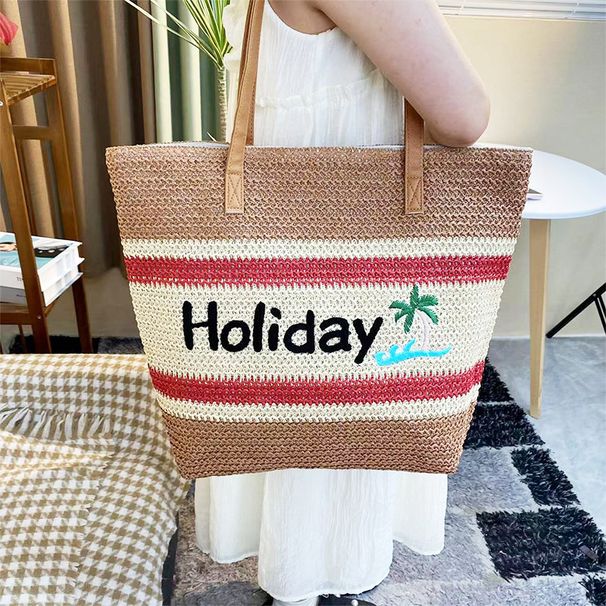 Women's Bags New Autumn And Winter Letter Embroidery Holiday Paper Straw Beach Bag Striped Contrast Woven Shoulder Bag Shopping Bag_viptrois.com