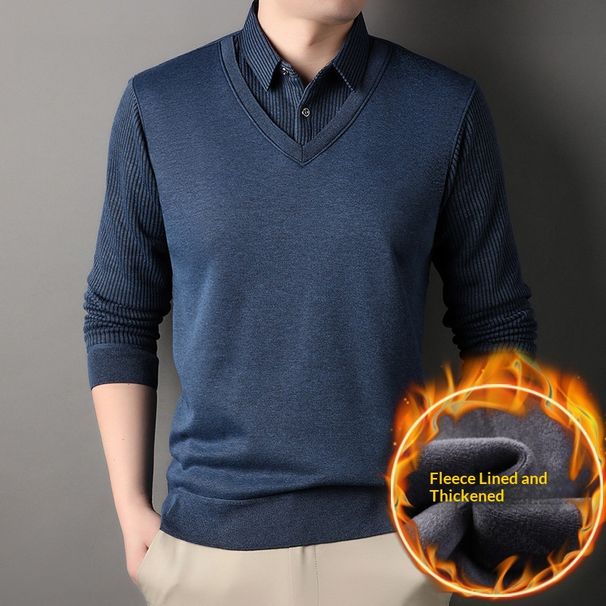 Pulse Cross-Border Foreign Trade Dropshipping Men's Sweater Knitted Pullover Shirt Collar Fleece Lined Thickened Warm Slimming_viptrois.com