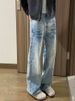 Washed Blue Straight Jeans For Men, Spring And Autumn American High Street Vibe , Clean Fit Curved Hem Flared Long_viptrois.com