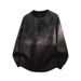 Men's Distressed Gradient Crewneck Sweatshirt, Fleece-Lined Heavyweight Pullover, Streetwear Oversized Top (Black, Dark Grey, Unisex Fit)_viptrois.com