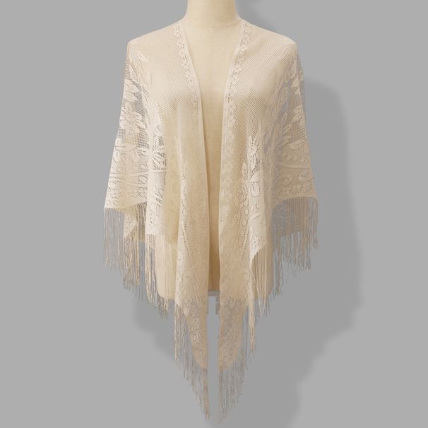 Breathable Lace Triangle Scarf - Floral Polyester Shawl With Tassels (European & American Style, Women's Fashion Accessory)_viptrois.com