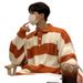 Men's Oversized Stripe Polo Knit Sweater – Breathable Stretch Polyester, Relaxed Fit (Black/Grey/Orange) – Urban Streetwear_viptrois.com