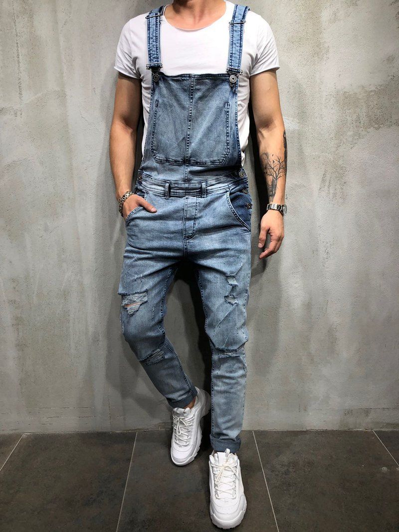 Men's Clothing Fashion Men's Suspender Jumpsuit Frayed Men's Foreign Trade Jeans Trousers Overalls_viptrois.com