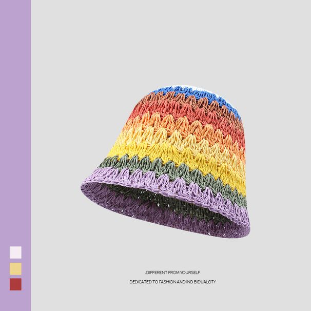 Ins Rainbow Straw Hat Summer Travel Sun Protection Bucket Hat Beach Large Brim Face Small Wool Fisherman Hat_viptrois.com