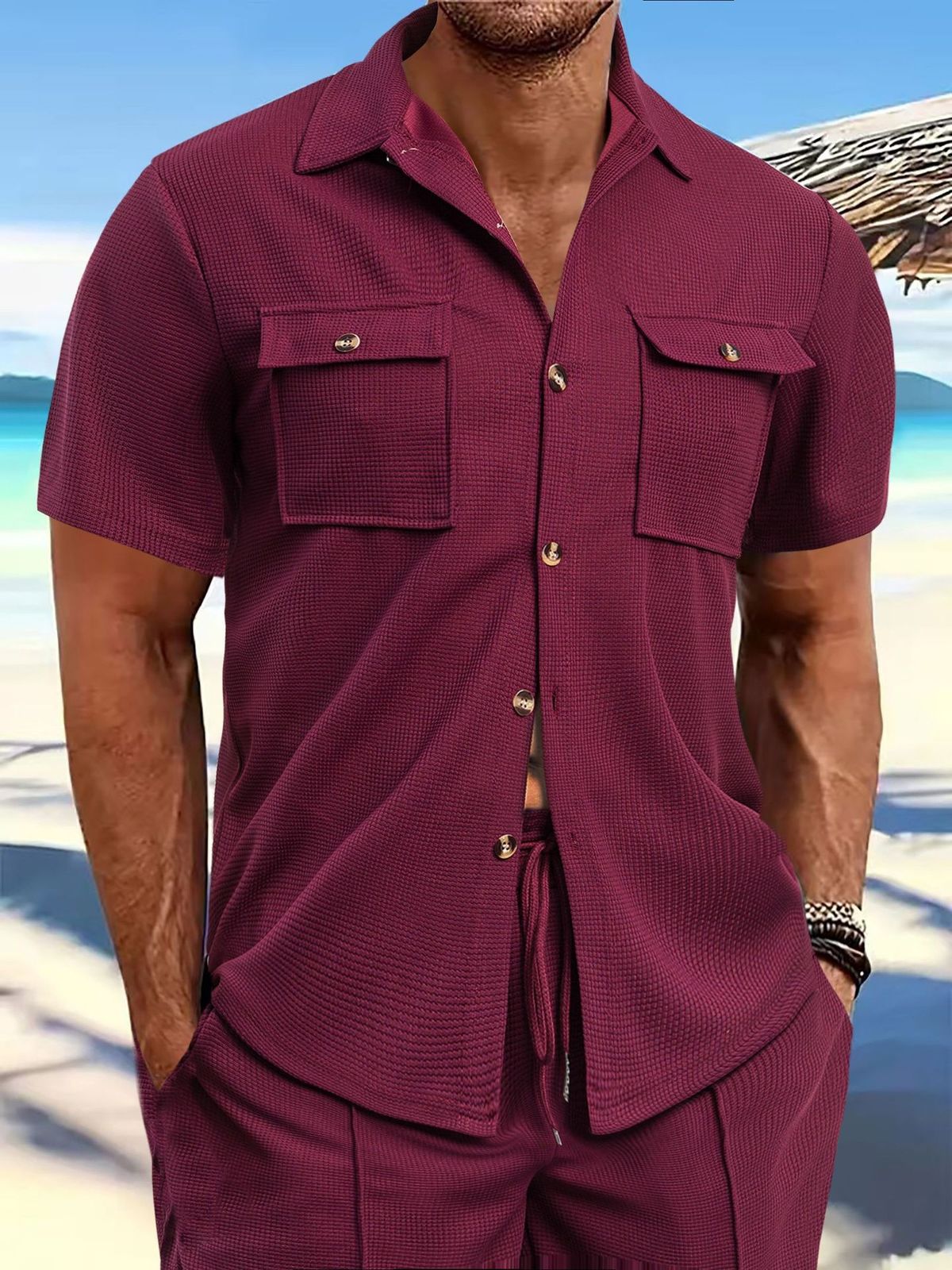 Men's Waffle Short Sleeved Casual Solid Color Lapel Button Pocket Versatile Shirt_viptrois.com