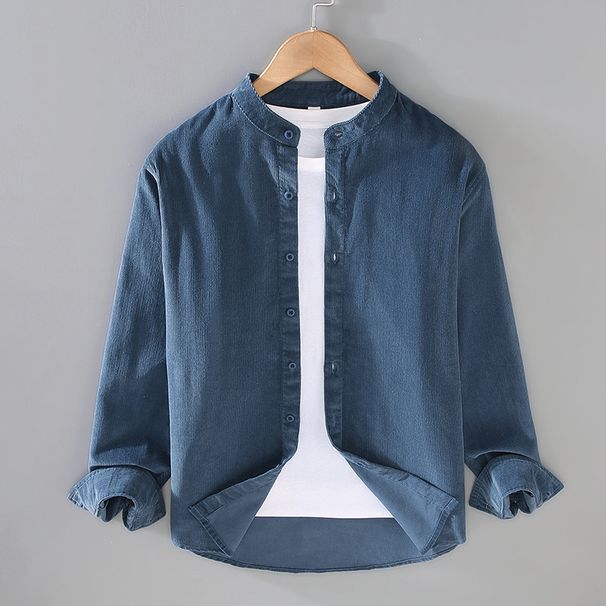 Retro Corduroy Shirt For Men, Washed All Cotton Striped Small Stand Up Collar Shirt Jacket For Men_viptrois.com