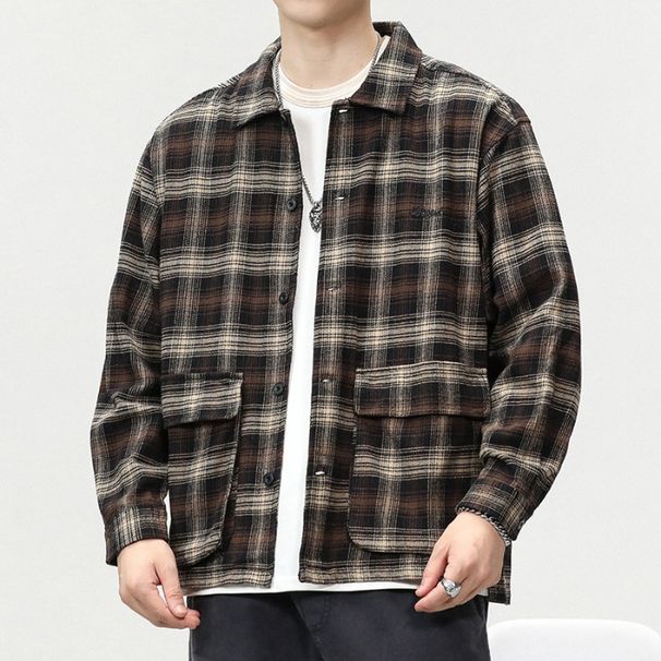 Nordmann For Men Loose Fit Autumn Winter New Japanese Style Long Sleeve Versatile Plaid Shirt Men's Outerwear Top_viptrois.com