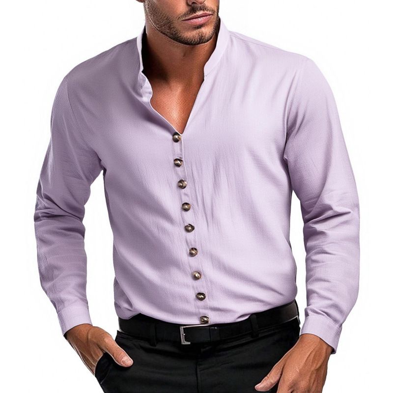 Solid Color Casual Long Sleeved Men's Shirt Stand Up Collar Breathable Versatile Bottoming Shirt_viptrois.com