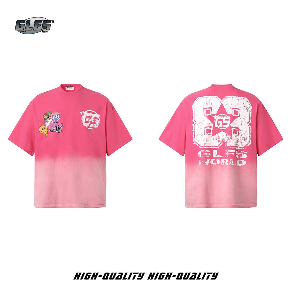 Men's Clothing Summer Heavy Washed Gradient Short Sleeve Logo Smiley TV Personalized Design T shirt Couple _viptrois.com
