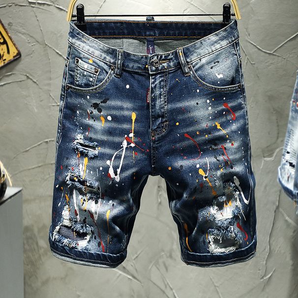 Men's Clothing 2024 Summer High Street Trendy Men's Spring Five-point Shorts Hand-painted Paint Hole Patch Patch Denim Shorts For Men_viptrois.com