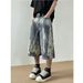 American Washed Flame Patterned Tied Denim Cropped 2025 Straight Loose Over Knee Casual Wide Leg Pants_viptrois.com