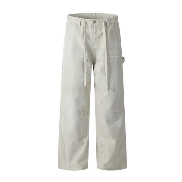Distressed Deconstructed Workwear Jeans American Street Style Lace-up Straight Pants Men's Loose Versatile Casual_viptrois.com