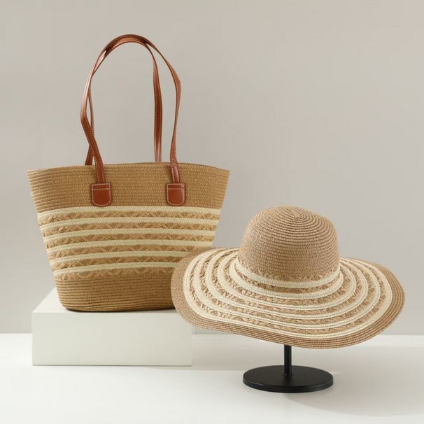 Women's Bags Straw Hat Five Strand Braided Straw Bag Two Piece Set Sun Hat Large Capacity Tote Bag Set Classic Woven Bag_viptrois.com