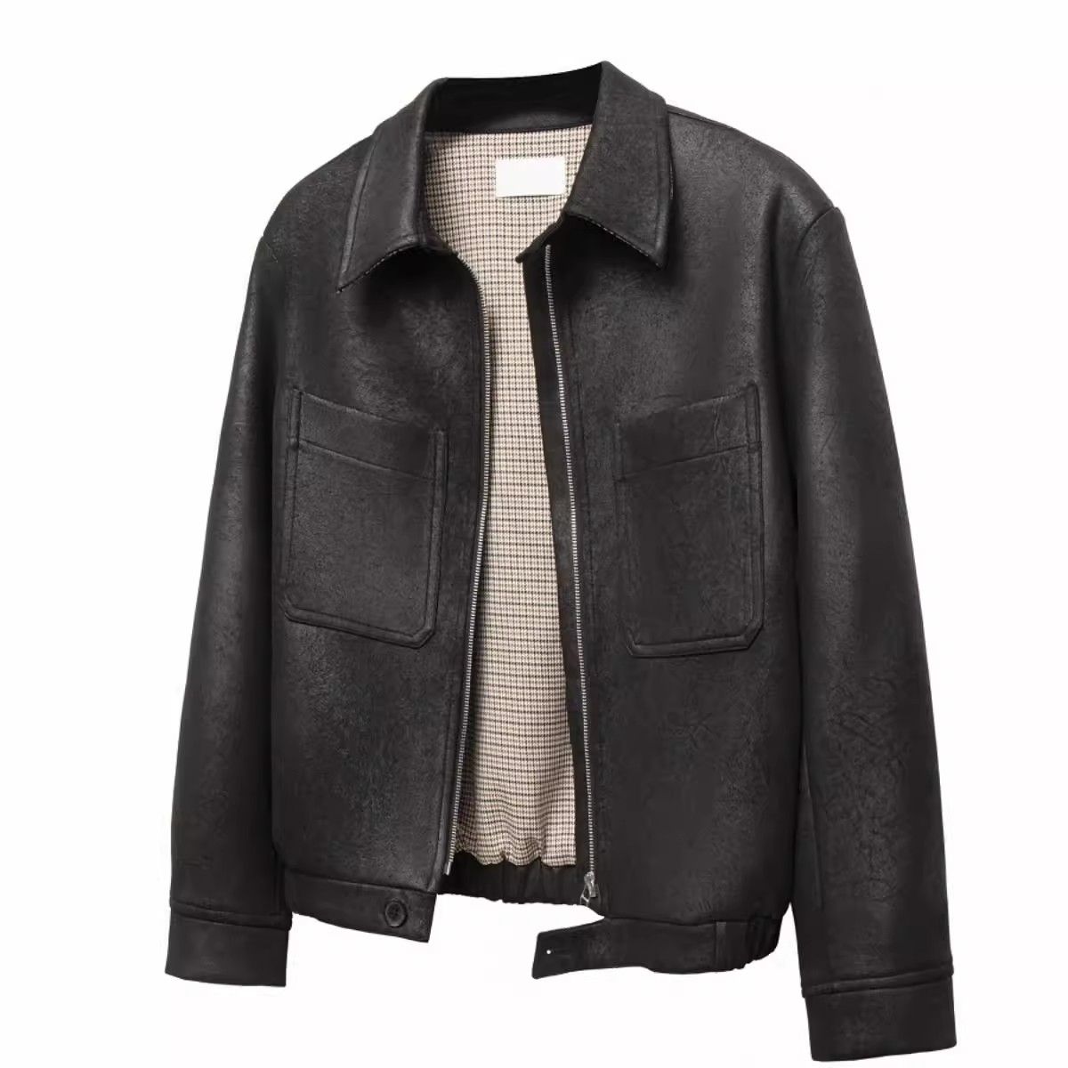 Men's Clothing Frost Crack Houndstooth Lining PU Leather Hunting Motorcycle Leather Jacket Cleanfit Short Wide Jacket For Men And Women_viptrois.com