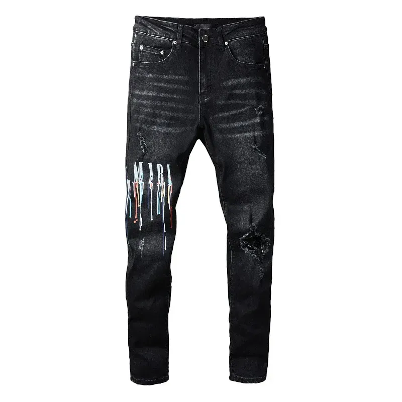 Fashionable Street Spray Painted Colorful Letters Denim Cotton Casual Trousers Black Tight Jeans For Youth_viptrois.com