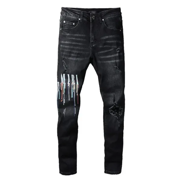 Fashionable Street Spray Painted Colorful Letters Denim Cotton Casual Trousers Black Tight Jeans For Youth_viptrois.com