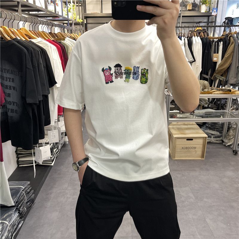 American Trendy Brand High-end Card Printing Short-sleeved T-shirt Men's Summer High-end Fashion Ruffian Handsome Half-sleeved Crew Neck Top_viptrois.com