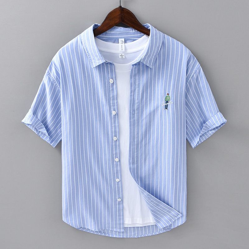 Summer fresh striped short-sleeved shirt men's trendy loose versatile casual literary men's wear embroidered cotton shirt C06_viptrois.com