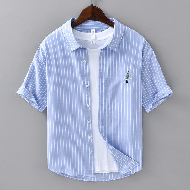 Summer fresh striped short-sleeved shirt men's trendy loose versatile casual literary men's wear embroidered cotton shirt C06_viptrois.com