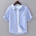 Summer fresh striped short-sleeved shirt men's trendy loose versatile casual literary men's wear embroidered cotton shirt C06_viptrois.com